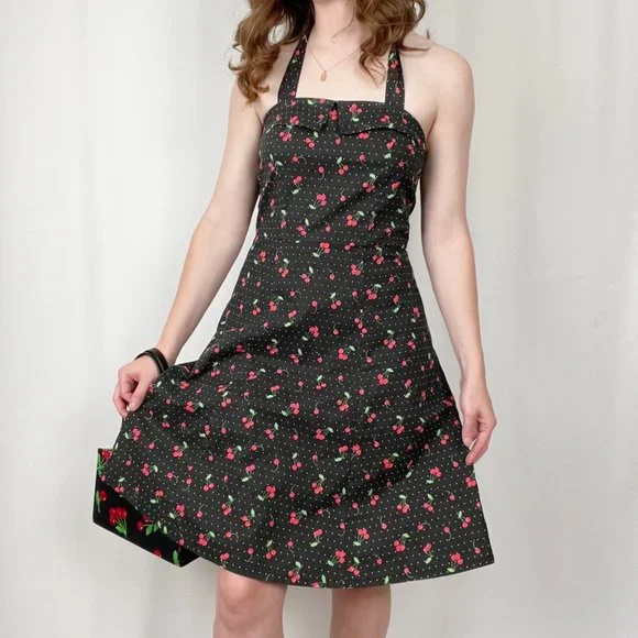 Vintage USA Pin-Up Novelty Cherry Print A-Line Fit & Flare Midi Fun Summer Dress - Picture 7 of 7